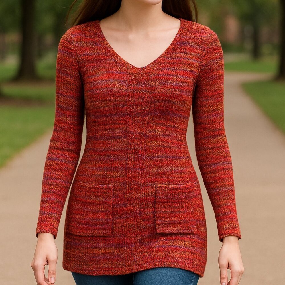 Y2K Babydoll Knit Tunic Sweater M Rainbow Pockets Plunge Neck Cozy Fairy Cabin